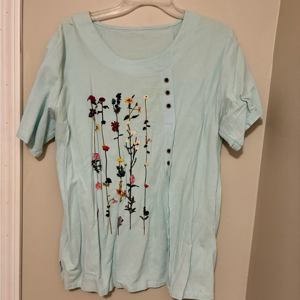 Floral Embroidered Women's Top - Light Blue